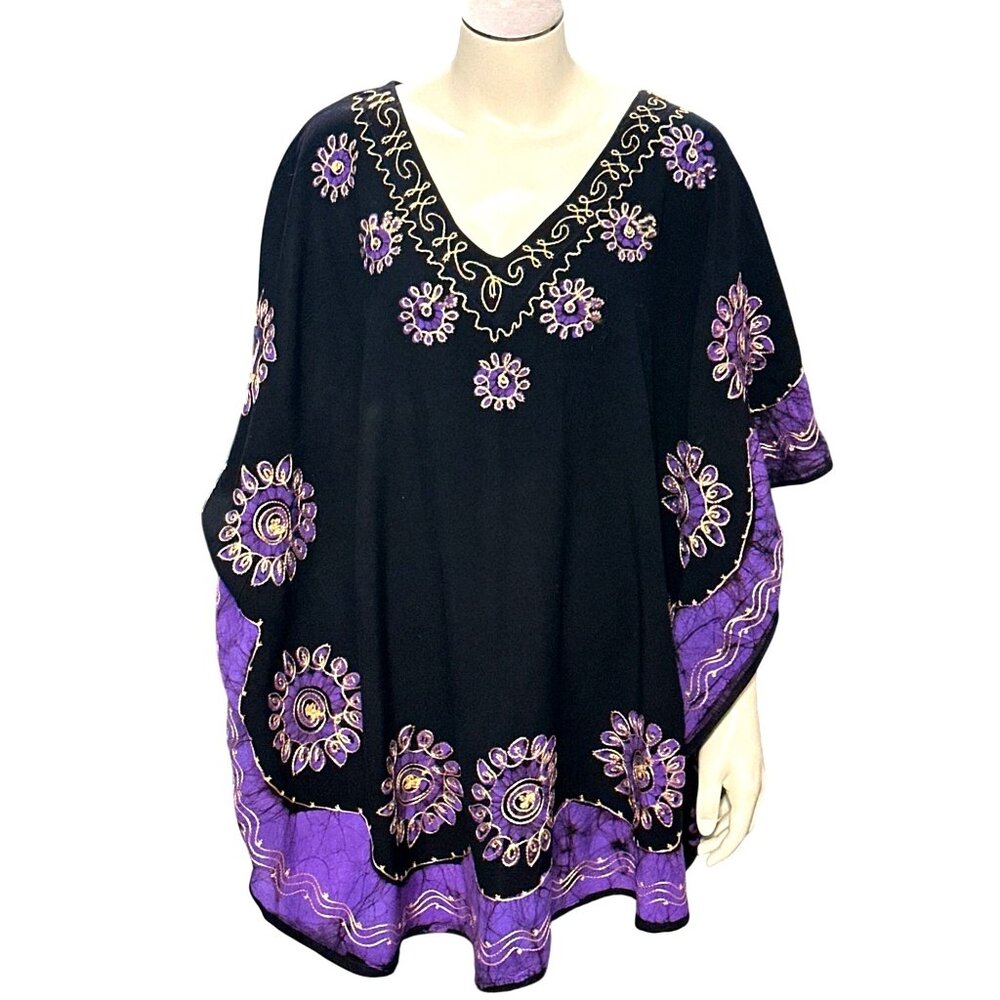 CCC Look Feel Like a Bohemian Goddess Black Purple Gold Embroidered Rayon Kaftan